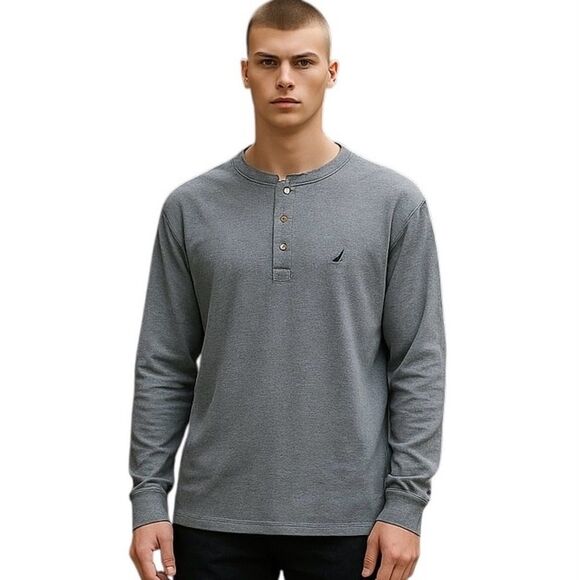Nautica Gray Henley Sleep Shirt Mens Size Small Long Sleeve Lounge Wear Casual - Picture 1 of 5